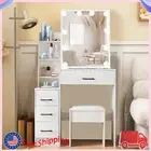 White Vanity Desk Set with Dimmable Lighting Sliding Mirror & 4 Drawers Stool