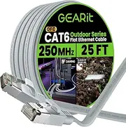 Cat 6 Outdoor Flat Ethernet Cable (25ft, Gray) Direct Burial Rated LLDPE Jacket - Indoor Cat6 Shielded FTP 10Gbps High Speed Gaming Computer Network RJ45 Snagless Patch Cord Internet