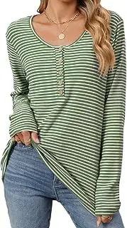 [Generic] Womens Striped Top Long Sleeve Button Front Round Neck Tee Pullover Basic Ladies Loose Fit T Shirts