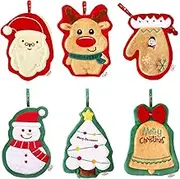 ONMELON Christmas Hand Towels, Coral Fleece 10"x9" 6pc Christmas Towels Gift Set, Hanging Towel, Santa Claus, Christmas Bells, Christmas Elk, Christmas Gloves, Snowman, Christmas Tree