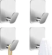 Adhesive Hooks Stainless Steel 4Pcs, Sticky Towel Hooks for Bathroom Wall or Kitchen (Silver)