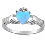 Light Blue Opal Irish Claddagh & Cubic Zirconia .925 Sterling Silver Ring