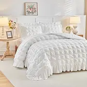 White Plaid Seersucker Comforter Set with Ruffled Fringe Queen Size, 3 Pieces Soft Fluffy Farmhouse Bedding Set for All Season, Queen Bed Set with Ruffle Shams (White, Queen)