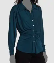 $295 Cinq A Sept Women's Blue Arden Ruched V-Neck Button Up Top Size M