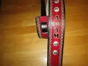 CUSTOM MADE HAND TOOLED LEATHER GUITAR STRAP RED & BLACK 3' WIDE NAME & CONCHOS