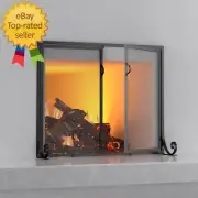 Fireplace Screen with Hinged Doors, Powder Coated Steel Frame Metal Mesh