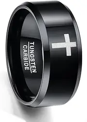 [TUNGSTORY] Tungsten Ring Black 10 mm Laser Cross Pattern Wedding Ring Polished Bevelled Edges Men/Women Comfort Fit Size 54-67