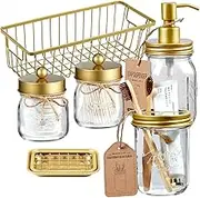 SheeChung 6Pcs Mason Jars Bathroom Accessories Set Complete - Toothbrush Holder, Lotion Soap Dispenser, 2 Mason Jars, Soap Dish, Toilet Paper Basket, Rustic Farmhouse Decor (Gold, 6Pcs Bathroom Set)