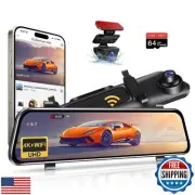 12" 4K Rear View Mirror Camera WiFi Mirror Dash Cam Front and Rear with 64GB