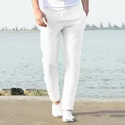 Men's Linen Pants Trousers Summer Pants Beach Pants Casual Pants Drawstring Elastic Waist Plain Breathable Lightweight Full Length Yoga Casual Daily Basic Blac
