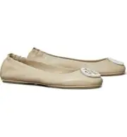 NIB Tory Burch Crystal Pave Minnie Leather Travel Ballet Flat Stone Gray US 9.5