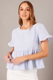 Blue Stripe Ruffle Top Short Sleeve - Size 14, Women's Top