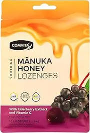 Comvita Soothing Manuka Honey Lozenges - Elderberry (with Vitamin C and Bee Propolis), 12 Lozenges