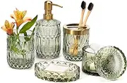 EMPO 6PCS Bathroom Glass Accessories Set (Lotion Soap Dispenser, Soap Dish, Toothbrush Holder, Tumbler, Cotton Swab Jar) Contemporary Modern Decor Crystal Clear Vintage Gift (6pcs Green)