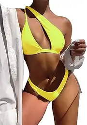 [Lilosy] Petite Sexy Cute Cutout One Shoulder High Cut Leg Thong Brazilian Bikini Swimsuit Set Women Cheeky Bottom Push Up Bathing Suit 2 Two Piece Neon Bright Yellow X-Small, Yellow