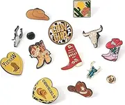 [Boutigem] 12Pcs Cowboy Theme Enamel Pins Cute Cowboy Boots Shoes Hat Cattle Head Cowgirls Heart Brooch Badges Brown Western Cowboy Lapel Badges for Backpack Bags Hats Clothing Decorative Supplies,