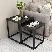 Square Side Table Set of 2, Coffee Table End Table with Smooth Tempered Glass Top, Sofa Table with Metal Frame Modern Nesting Tea Table Set for Living Room, Balcony, Bedroom, Apartment, Smal(All Black