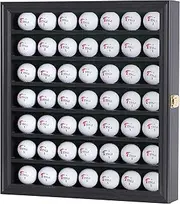 DisplayGifts Solid Wood 49 Golf Ball Display Cabinet Stand Storage Wall Mounted 7 Shelves Display Case Shadow Box with Lockable Glass Door, Great Gift (49 Ball Holder, Black Finish)