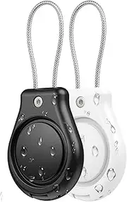 [PALAMEDE] Waterproof Airtag Holder with Wire Cable - Airtag Keyring Secure, Protective Air Tag Keyring for Keys, Key Ring, Luggage, AirTag Case Compatible with Apple Air tag (Black/White, 2)