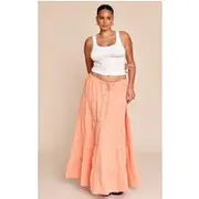 Plus Peach Cotton Tiered Drawstring Waist Maxi Skirt, Peach