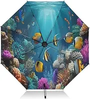 [RPLIFE] Underwater Colorful Fish Bright Compact Umbrella, Lightweight Portable Automatic Open/close Umbrella for Women, Travel Umbrellas for Rain, Wind and Sun