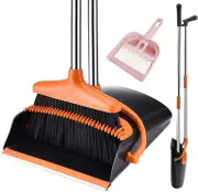 Broom and Dustpan Set with Long Handle, Windproof Stand up Dustpan with Broom