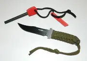 Flint Magnesium Fire Starter + Serrated Back Edge Fixed Blade Survival Knife NEW