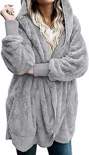 [Zilcremo] Women Hooded Cardigan Fuzzy Jacket Winter Open Front Fleece Coat Outwear with Pockets