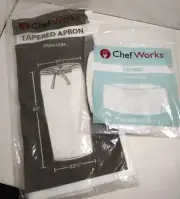 CHEF WORKS WHITE TAPERED APRON & BEANIE HAT, BRAND NEW, FREE SHIPPING