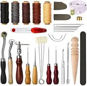 Weehomy 31Pcs Leather Working Tools Leather Sewing Tools Set, DIY Leather Craft Tools Hand Stitching Tool Set with Groover Awl Waxed Thread Thimble Kit for Stitching Cutting Leather Craft Making
