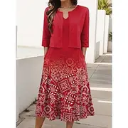 Women's Dress Set A Line Dress Summer Dress Casual Semi Formal Ombre Geometric Print Midi Dress Half Sleeve V Neck Vacation Date Light Green Red Blue Summer Sp