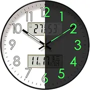 Wall Clock Glow in Dark,Round Wall Clocks for Living Room,10-14 Inch Digital Kitchen Wall Clock,Silent Wall Clock Display Night Light Wall Clock with Temperature and Humidity
