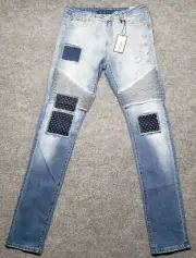 Rue21 Jeans Mens 34X34 Blue Denim Extreme Flex Stacked Skinny Stretch Patch New
