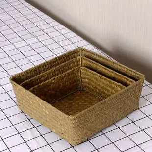 海草編桌面正方形收納盒 手工竹編收納筐 茶具零食儲物籃子置物籃