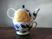 Zrike Tea for One Teapot Set w/ Lid & Cup Hand Painted Pear and Fruit w Vines