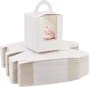 50 Pcs White Cupcake Boxes with Window, Cupcake Carrier Individual with Handle and Inserts for Wedding Bakery Wrapping Party Favor Packing