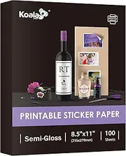 Koala Semi Glossy Sticker Paper for Inkjet and Laser Printer - 100 Sheets, 8.5 x 11 Inch Adhesive Photo Paper, Works With Cutting Machine