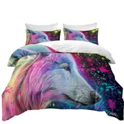 Colorful Animal Art Neon Rainbow Wolf Quilt Cover