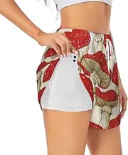 [WURTON] Red White Mushroom Print Exercise Gym Workout Shorts Women's Athletic Shorts Dual-Layered Yoga Running Shorts