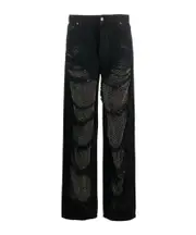 Crystal-stitched holey wide-leg pants 25,26,27 Black