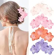 4 Pack Hawaiian Plumeria Flower Hair Clips for Women - Large Non-Slip Matte Claw Clips, Strong Hold Hair Clamps for Beach, Thick or Thin Hair（pink, orange, white and purple）