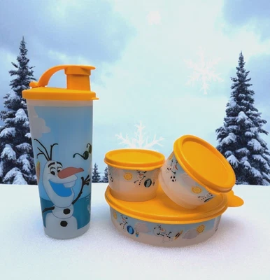 Tupperware Disney Frozen Olaf Lunch Set 500ml Bowl (2) Snack Cups 16 oz Tumbler