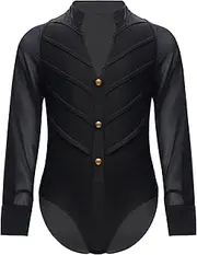 [Yhong] Kids Boys Long Sleeve Latin Ballroom Dance Leotard Stand Collar Bodysuit for Stage Performance