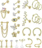 [Kakonia] Hypoallergenic Conch Piercing Jewelry 16G Helix Tragus Daith Piercing Jewelry Conch Earring Cartilage Earrings for Women Men CZ Stud Hoop Earring 316L Stainless Steel 26 Pcs