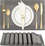 Winknowl Placemats Set of 8, Heat Resistant Stain Resistant Non-Slip Woven Vinyl Insulation Placemats, Washable Durable Elegant Table Mats for Dining (Gray)