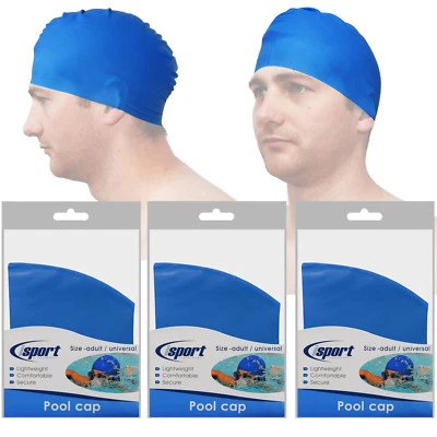 Isport Mens Ladies Adult Stretch Fit Swimming Diving Pool Cap, Blue Triple Pack