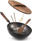 Wok Pan 12.5, Woks and Stir Fry Pans with lid, Carbon Steel Wok with Cookware Ac