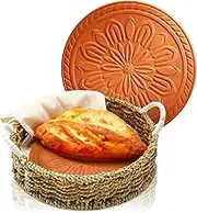 Bread Warmer Basket with 7.87'' Stone Tortilla Warmer 9.45'' Bread Baskets for Serving Mexican Terracotta Round Heating Plate Circular Rustic Bun Heat up Mat for Mexican Taco, Sourdough Buns