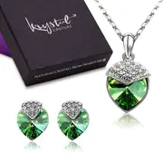 Boxed Evergreen Heart Necklace and Earrings Set Embellished with SWAROVSKI® Crystals