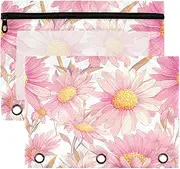 Cartoon Coneflower Peach Gold Pen Binder Pouches with Clear Window Organizer in Assorted Colors 3 Rings for Storing School Students Teacher Supplies Multicolored 2 PCS